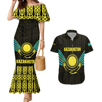 Kazakhstan National Emblem Couples Matching Mermaid Dress and Hawaiian Shirt with Black Tribal Pattern and Sun Eagle Motif