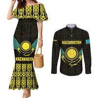 Kazakhstan National Emblem Couples Matching Mermaid Dress and Long Sleeve Button Shirt with Black Tribal Pattern and Sun Eagle Motif