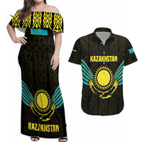 Kazakhstan National Emblem Couples Matching Off Shoulder Maxi Dress and Hawaiian Shirt with Black Tribal Pattern and Sun Eagle Motif