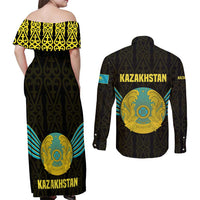 Kazakhstan National Emblem Couples Matching Off Shoulder Maxi Dress and Long Sleeve Button Shirt with Black Tribal Pattern and Sun Eagle Motif