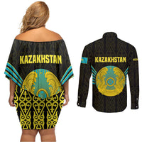 Kazakhstan National Emblem Couples Matching Off Shoulder Short Dress and Long Sleeve Button Shirt with Black Tribal Pattern and Sun Eagle Motif