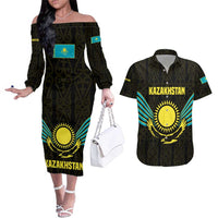 Kazakhstan National Emblem Couples Matching Off The Shoulder Long Sleeve Dress and Hawaiian Shirt with Black Tribal Pattern and Sun Eagle Motif
