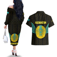 Kazakhstan National Emblem Couples Matching Off The Shoulder Long Sleeve Dress and Hawaiian Shirt with Black Tribal Pattern and Sun Eagle Motif