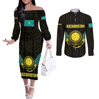 Kazakhstan National Emblem Couples Matching Off The Shoulder Long Sleeve Dress and Long Sleeve Button Shirt with Black Tribal Pattern and Sun Eagle Motif