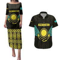 Kazakhstan National Emblem Couples Matching Puletasi and Hawaiian Shirt with Black Tribal Pattern and Sun Eagle Motif