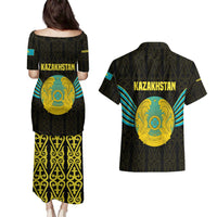 Kazakhstan National Emblem Couples Matching Puletasi and Hawaiian Shirt with Black Tribal Pattern and Sun Eagle Motif