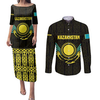 Kazakhstan National Emblem Couples Matching Puletasi and Long Sleeve Button Shirt with Black Tribal Pattern and Sun Eagle Motif