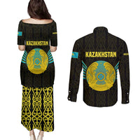Kazakhstan National Emblem Couples Matching Puletasi and Long Sleeve Button Shirt with Black Tribal Pattern and Sun Eagle Motif