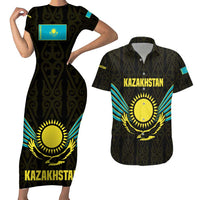 Kazakhstan National Emblem Couples Matching Short Sleeve Bodycon Dress and Hawaiian Shirt with Black Tribal Pattern and Sun Eagle Motif