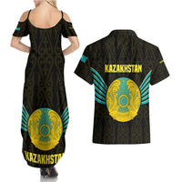 Kazakhstan National Emblem Couples Matching Summer Maxi Dress and Hawaiian Shirt with Black Tribal Pattern and Sun Eagle Motif