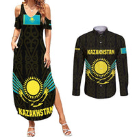 Kazakhstan National Emblem Couples Matching Summer Maxi Dress and Long Sleeve Button Shirt with Black Tribal Pattern and Sun Eagle Motif