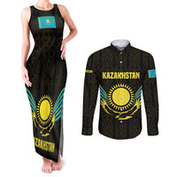Kazakhstan National Emblem Couples Matching Tank Maxi Dress and Long Sleeve Button Shirt with Black Tribal Pattern and Sun Eagle Motif