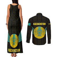 Kazakhstan National Emblem Couples Matching Tank Maxi Dress and Long Sleeve Button Shirt with Black Tribal Pattern and Sun Eagle Motif