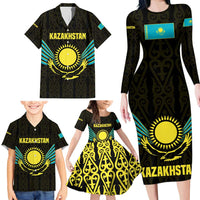Kazakhstan National Emblem Family Matching Long Sleeve Bodycon Dress and Hawaiian Shirt with Black Tribal Pattern and Sun Eagle Motif