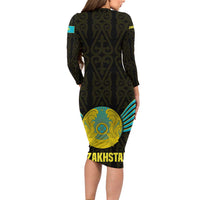 Kazakhstan National Emblem Family Matching Long Sleeve Bodycon Dress and Hawaiian Shirt with Black Tribal Pattern and Sun Eagle Motif