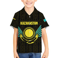 Kazakhstan National Emblem Family Matching Long Sleeve Bodycon Dress and Hawaiian Shirt with Black Tribal Pattern and Sun Eagle Motif