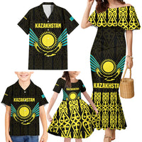 Kazakhstan National Emblem Family Matching Mermaid Dress and Hawaiian Shirt with Black Tribal Pattern and Sun Eagle Motif