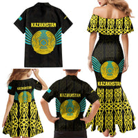 Kazakhstan National Emblem Family Matching Mermaid Dress and Hawaiian Shirt with Black Tribal Pattern and Sun Eagle Motif