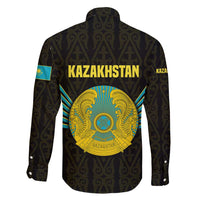 Kazakhstan National Emblem Family Matching Mermaid Dress and Hawaiian Shirt with Black Tribal Pattern and Sun Eagle Motif