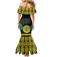 Kazakhstan National Emblem Family Matching Mermaid Dress and Hawaiian Shirt with Black Tribal Pattern and Sun Eagle Motif
