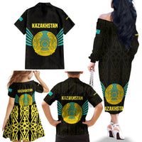 Kazakhstan National Emblem Family Matching Off The Shoulder Long Sleeve Dress and Hawaiian Shirt with Black Tribal Pattern and Sun Eagle Motif
