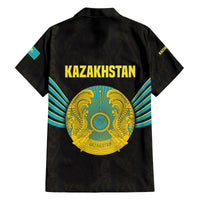 Kazakhstan National Emblem Family Matching Off The Shoulder Long Sleeve Dress and Hawaiian Shirt with Black Tribal Pattern and Sun Eagle Motif