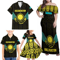 Kazakhstan National Emblem Family Matching Off Shoulder Maxi Dress and Hawaiian Shirt with Black Tribal Pattern and Sun Eagle Motif