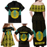 Kazakhstan National Emblem Family Matching Off Shoulder Maxi Dress and Hawaiian Shirt with Black Tribal Pattern and Sun Eagle Motif