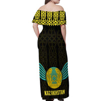 Kazakhstan National Emblem Family Matching Off Shoulder Maxi Dress and Hawaiian Shirt with Black Tribal Pattern and Sun Eagle Motif