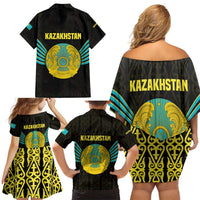 Kazakhstan National Emblem Family Matching Off Shoulder Short Dress and Hawaiian Shirt with Black Tribal Pattern and Sun Eagle Motif