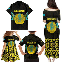 Kazakhstan National Emblem Family Matching Puletasi and Hawaiian Shirt with Black Tribal Pattern and Sun Eagle Motif