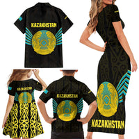 Kazakhstan National Emblem Family Matching Short Sleeve Bodycon Dress and Hawaiian Shirt with Black Tribal Pattern and Sun Eagle Motif