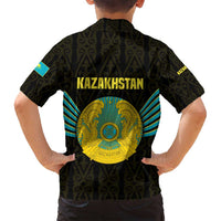 Kazakhstan National Emblem Family Matching Summer Maxi Dress and Hawaiian Shirt with Black Tribal Pattern and Sun Eagle Motif