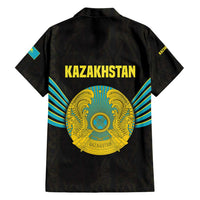 Kazakhstan National Emblem Family Matching Summer Maxi Dress and Hawaiian Shirt with Black Tribal Pattern and Sun Eagle Motif