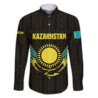 Kazakhstan National Emblem Family Matching Summer Maxi Dress and Hawaiian Shirt with Black Tribal Pattern and Sun Eagle Motif