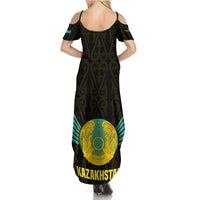 Kazakhstan National Emblem Family Matching Summer Maxi Dress and Hawaiian Shirt with Black Tribal Pattern and Sun Eagle Motif