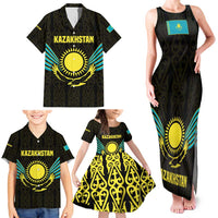 Kazakhstan National Emblem Family Matching Tank Maxi Dress and Hawaiian Shirt with Black Tribal Pattern and Sun Eagle Motif