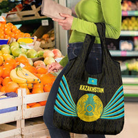 Kazakhstan National Emblem Grocery Bag with Black Tribal Pattern and Sun Eagle Motif