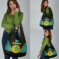 Kazakhstan National Emblem Grocery Bag with Black Tribal Pattern and Sun Eagle Motif