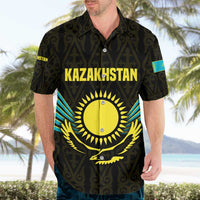 Kazakhstan National Emblem Hawaiian Shirt with Black Tribal Pattern and Sun Eagle Motif