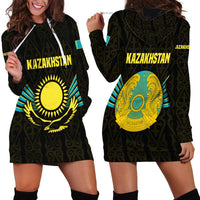 Kazakhstan National Emblem Hoodie Dress with Black Tribal Pattern and Sun Eagle Motif