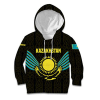 Kazakhstan National Emblem Kid Hoodie with Black Tribal Pattern and Sun Eagle Motif