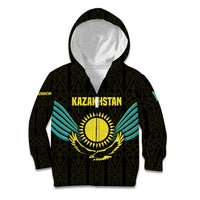 Kazakhstan National Emblem Kid Hoodie with Black Tribal Pattern and Sun Eagle Motif