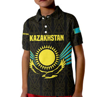 Kazakhstan National Emblem Kid Polo Shirt with Black Tribal Pattern and Sun Eagle Motif