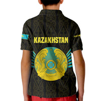 Kazakhstan National Emblem Kid Polo Shirt with Black Tribal Pattern and Sun Eagle Motif