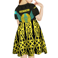Kazakhstan National Emblem Kid Short Sleeve Dress with Black Tribal Pattern and Sun Eagle Motif