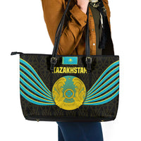 Kazakhstan National Emblem Leather Tote Bag with Black Tribal Pattern and Sun Eagle Motif