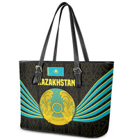 Kazakhstan National Emblem Leather Tote Bag with Black Tribal Pattern and Sun Eagle Motif