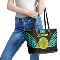 Kazakhstan National Emblem Leather Tote Bag with Black Tribal Pattern and Sun Eagle Motif