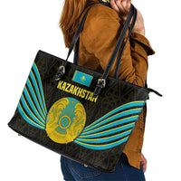 Kazakhstan National Emblem Leather Tote Bag with Black Tribal Pattern and Sun Eagle Motif